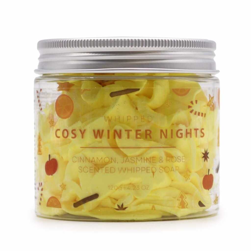 a jar of Cosy Winter Nights whipped soap