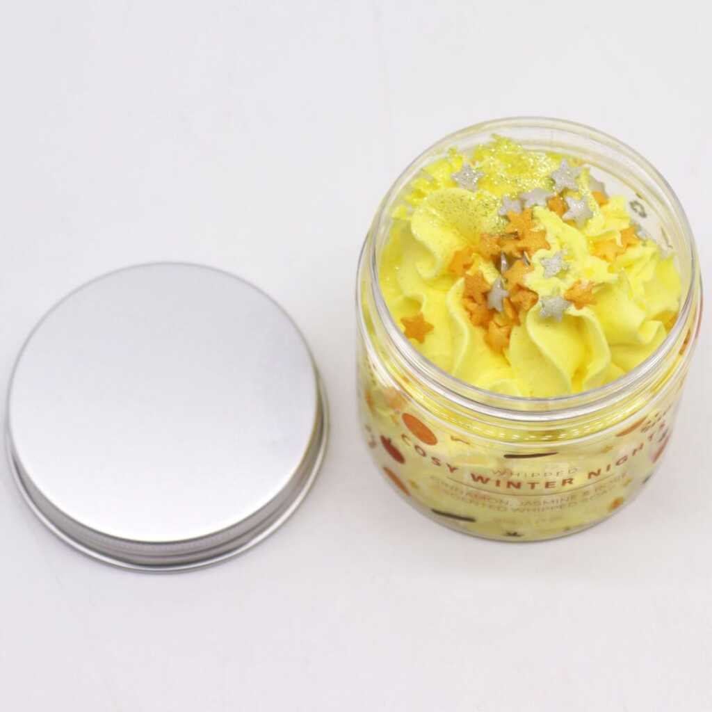 an open jar of Cosy Winter Nights whipped soap, with lid