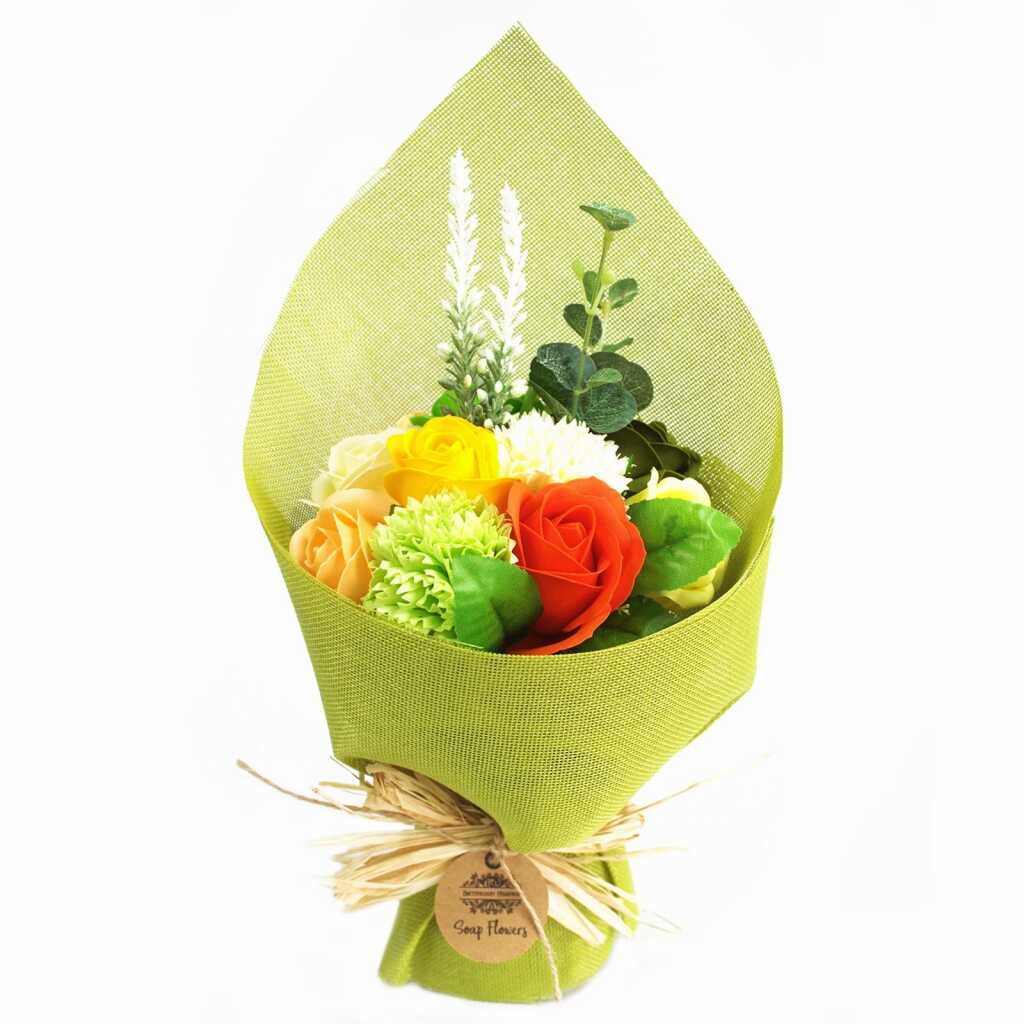 A bouquet of green and yellow soap flowers
