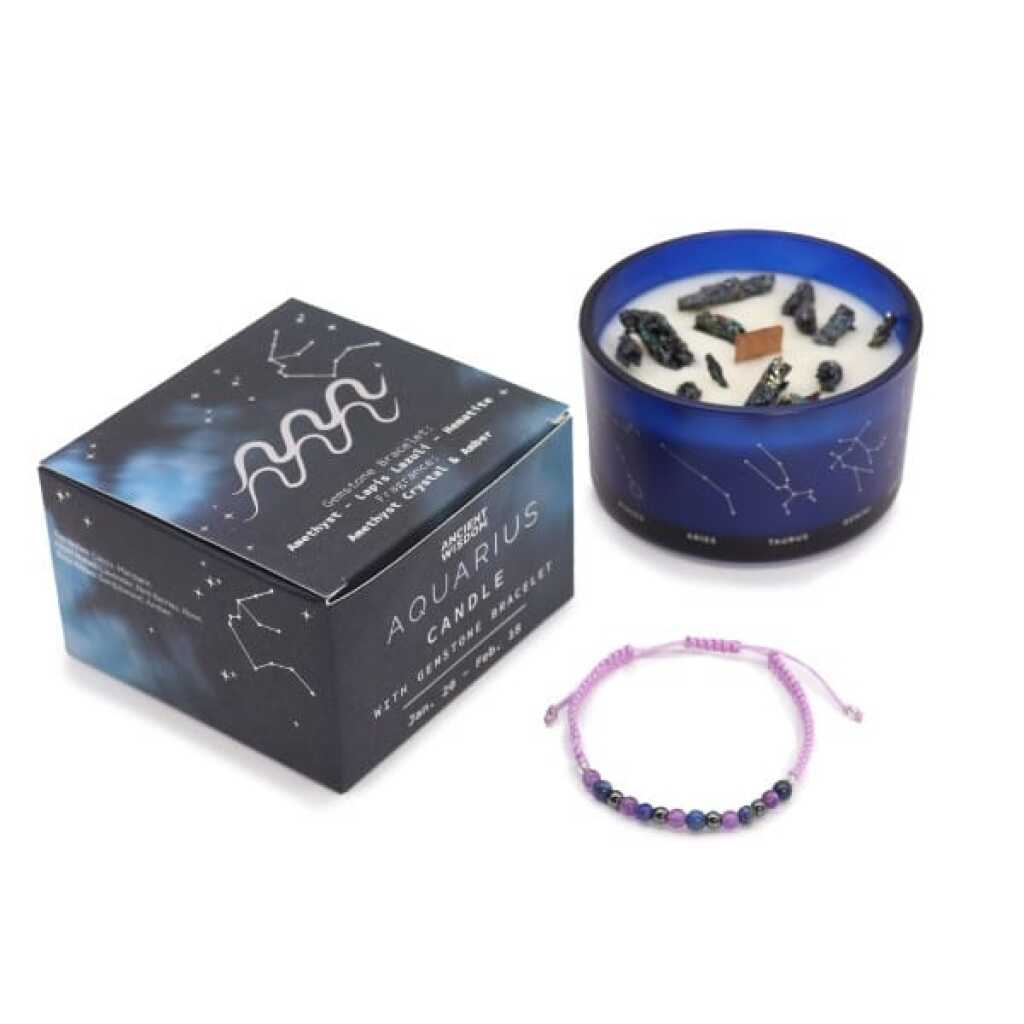 a zodiac candle with crystals and a gemstone bracelet - aquarius