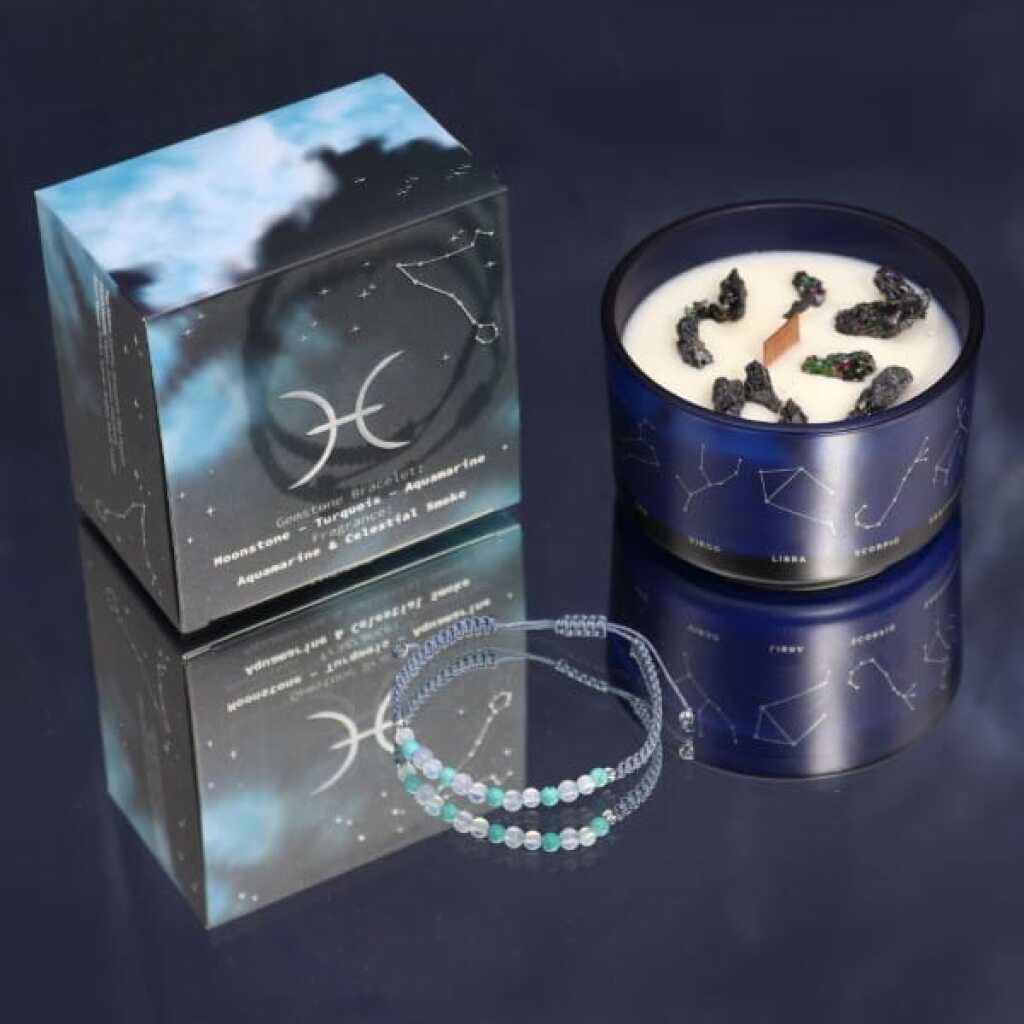 a zodiac candle with crystals and a gemstone bracelet - pisces