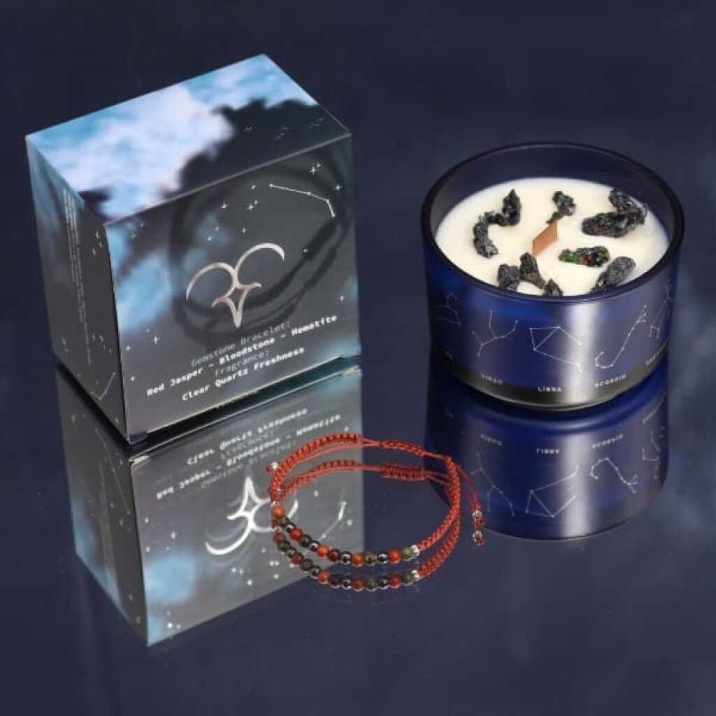 a zodiac candle with crystals and a gemstone bracelet - pisces