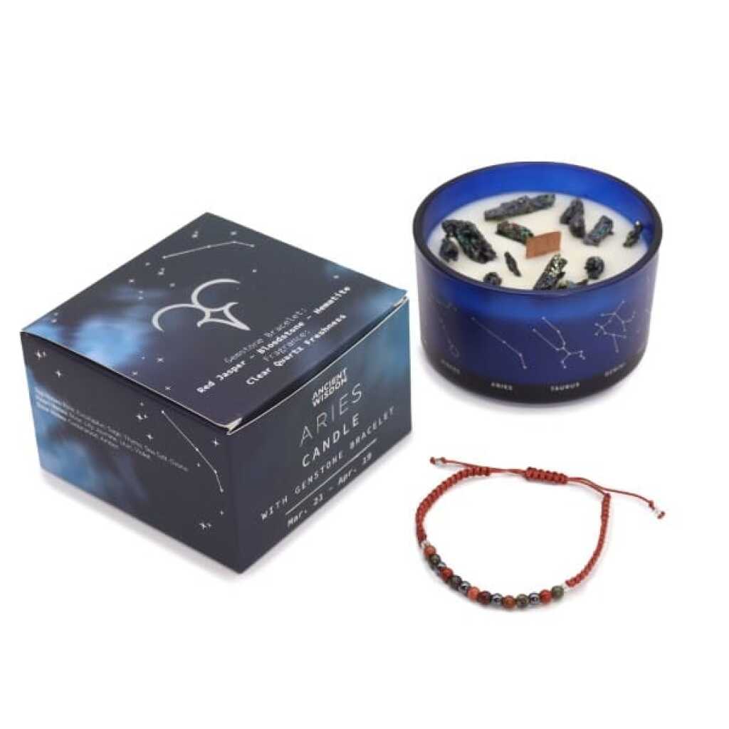 a zodiac candle with crystals and a gemstone bracelet - pisces