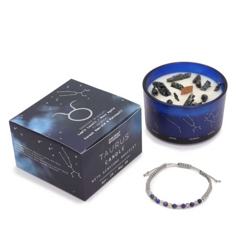 a zodiac candle with crystals and a gemstone bracelet - taurus