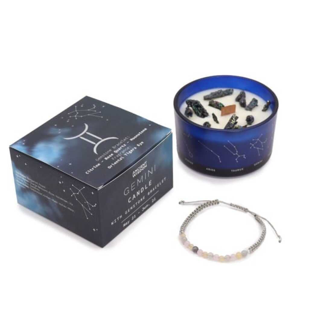 a zodiac candle with crystals and a gemstone bracelet - gemini
