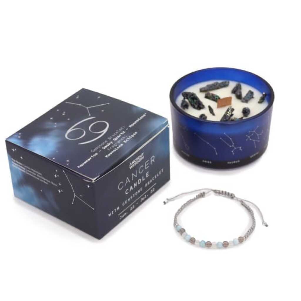 a zodiac candle with crystals and a gemstone bracelet - cancer