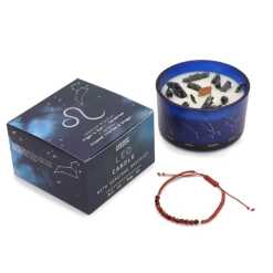 a zodiac candle with crystals and a gemstone bracelet - leo