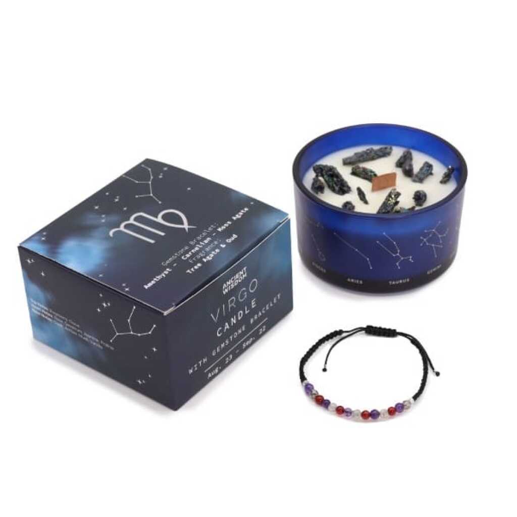 a zodiac candle with crystals and a gemstone bracelet - virgo