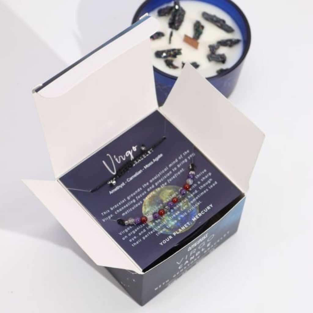 a zodiac candle with crystals and a gemstone bracelet - virgo