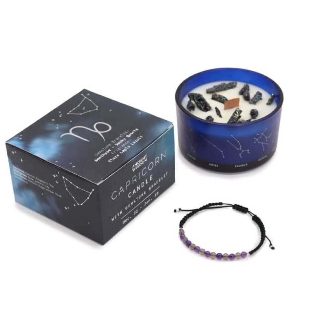 a zodiac candle with crystals and a gemstone bracelet - capricorn