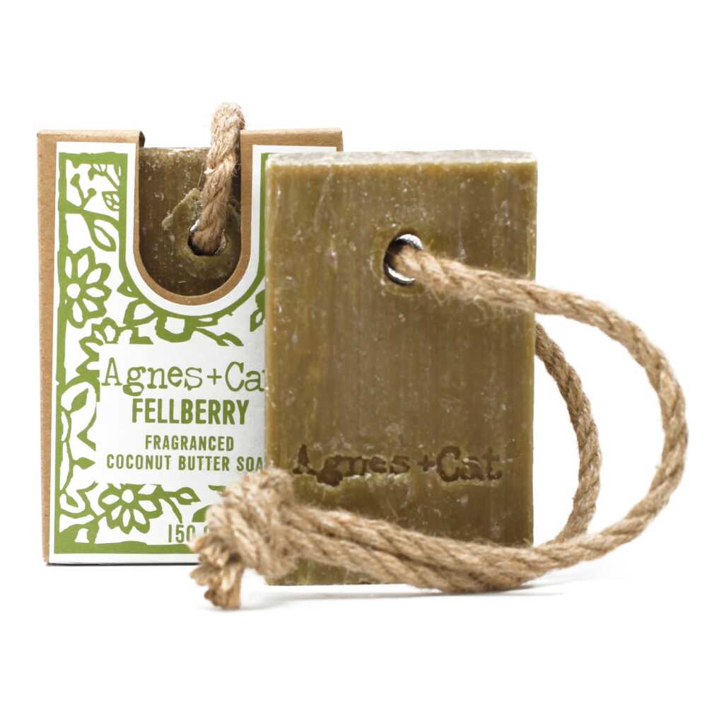Agnes+Cat soap on a Rope with packaging - Fell Berry