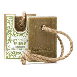 Agnes+Cat soap on a Rope with packaging - Fell Berry