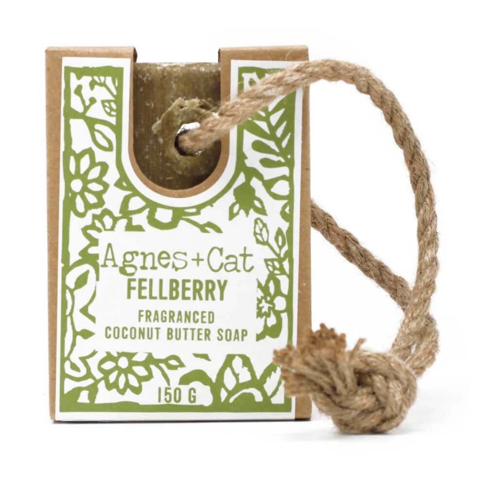 Agnes+Cat soap on a Rope with packaging - Fell Berry