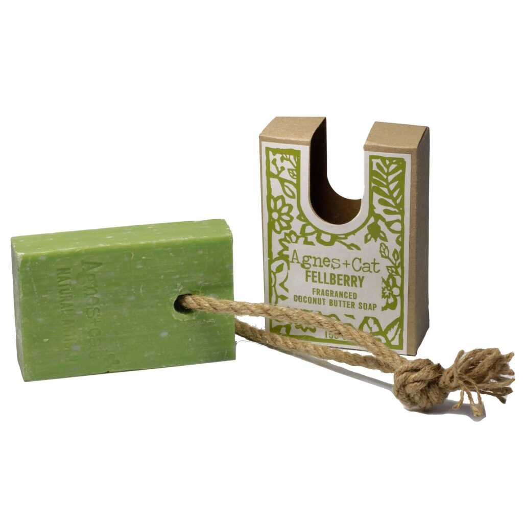 Agnes+Cat soap on a Rope with packaging - Fell Berry