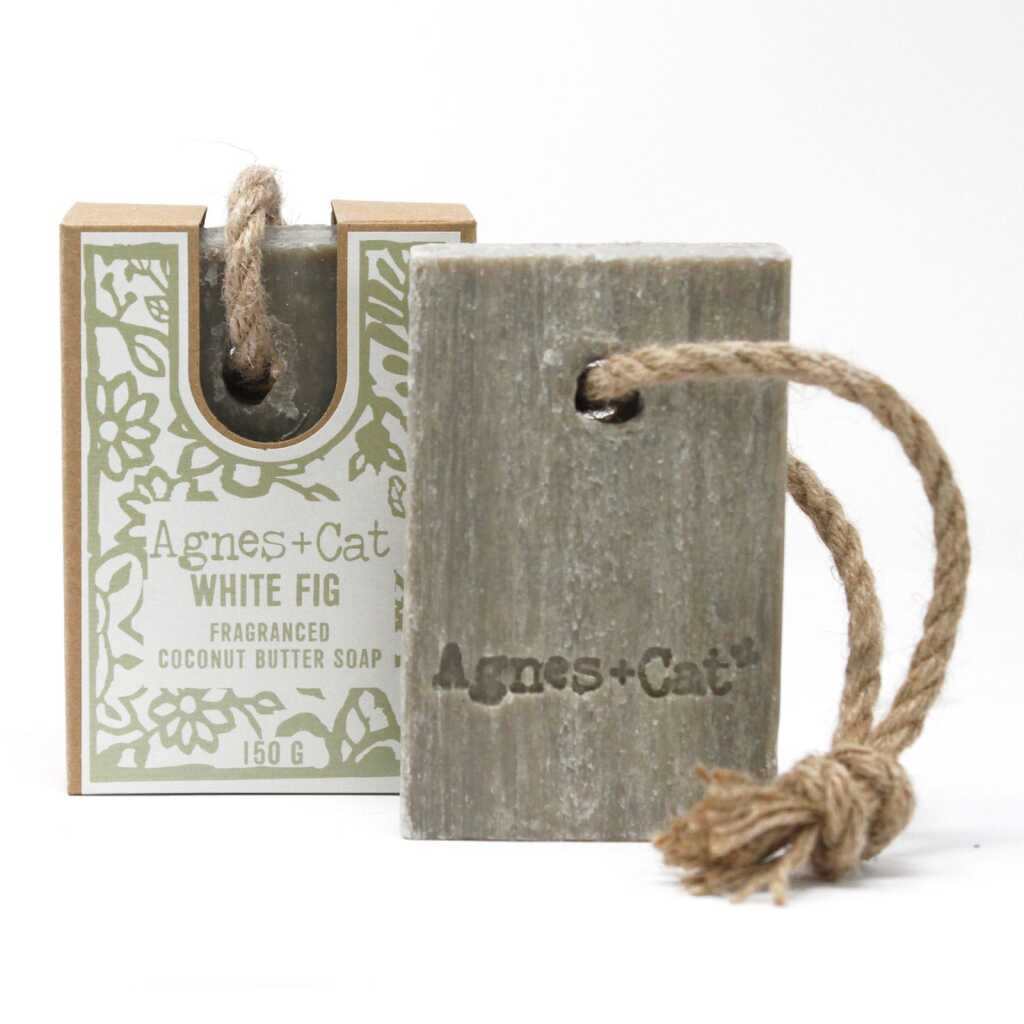 Agnes+Cat soap on a Rope with packaging - White Fig