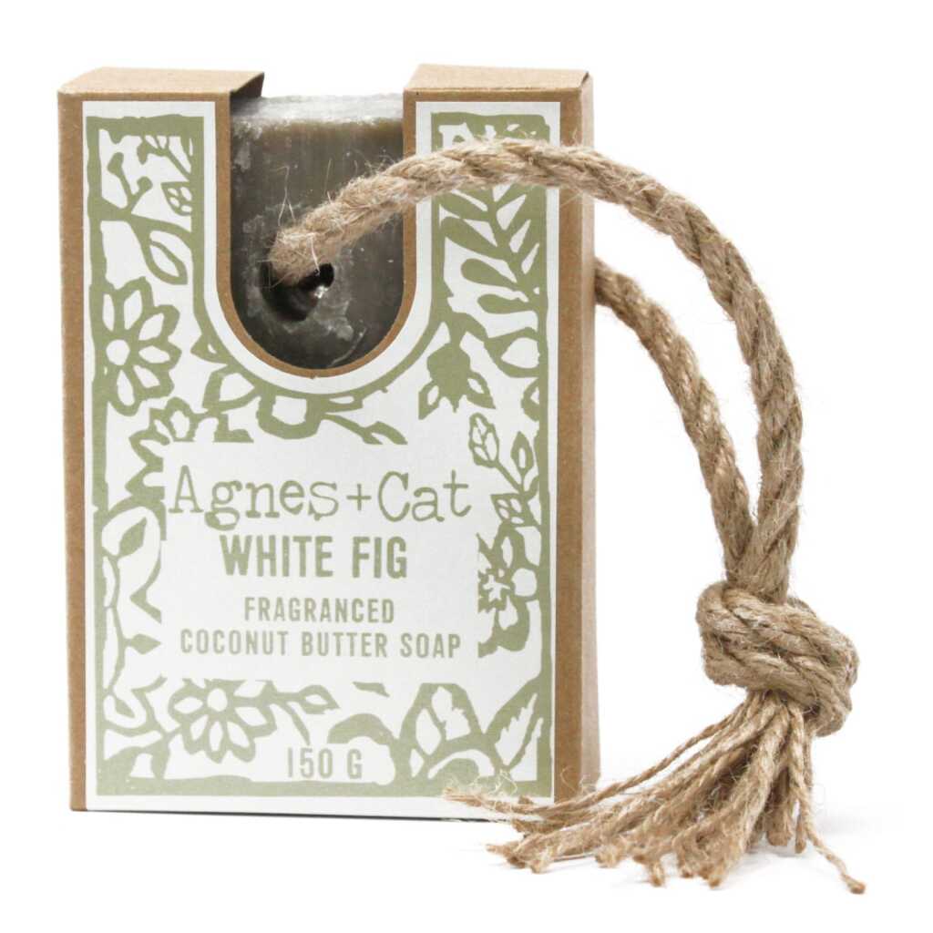Agnes+Cat soap on a Rope with packaging - White Fig