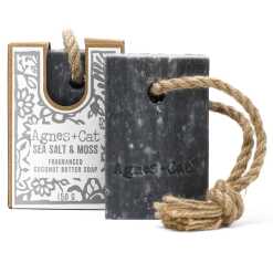 Agnes+Cat soap on a Rope with packaging - Sea Salt and Moss