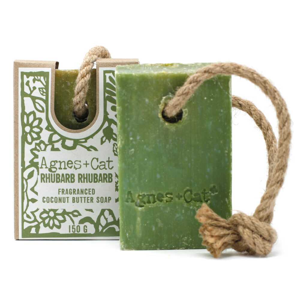 Agnes+Cat soap on a Rope with packaging - RHUBARB RHUBARB