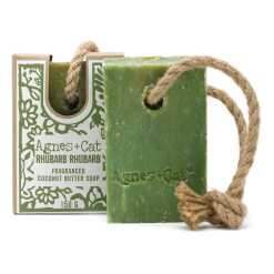 Agnes+Cat soap on a Rope with packaging - RHUBARB RHUBARB