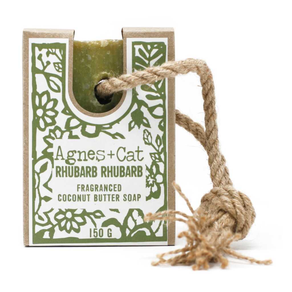 Agnes+Cat soap on a Rope with packaging - RHUBARB RHUBARB