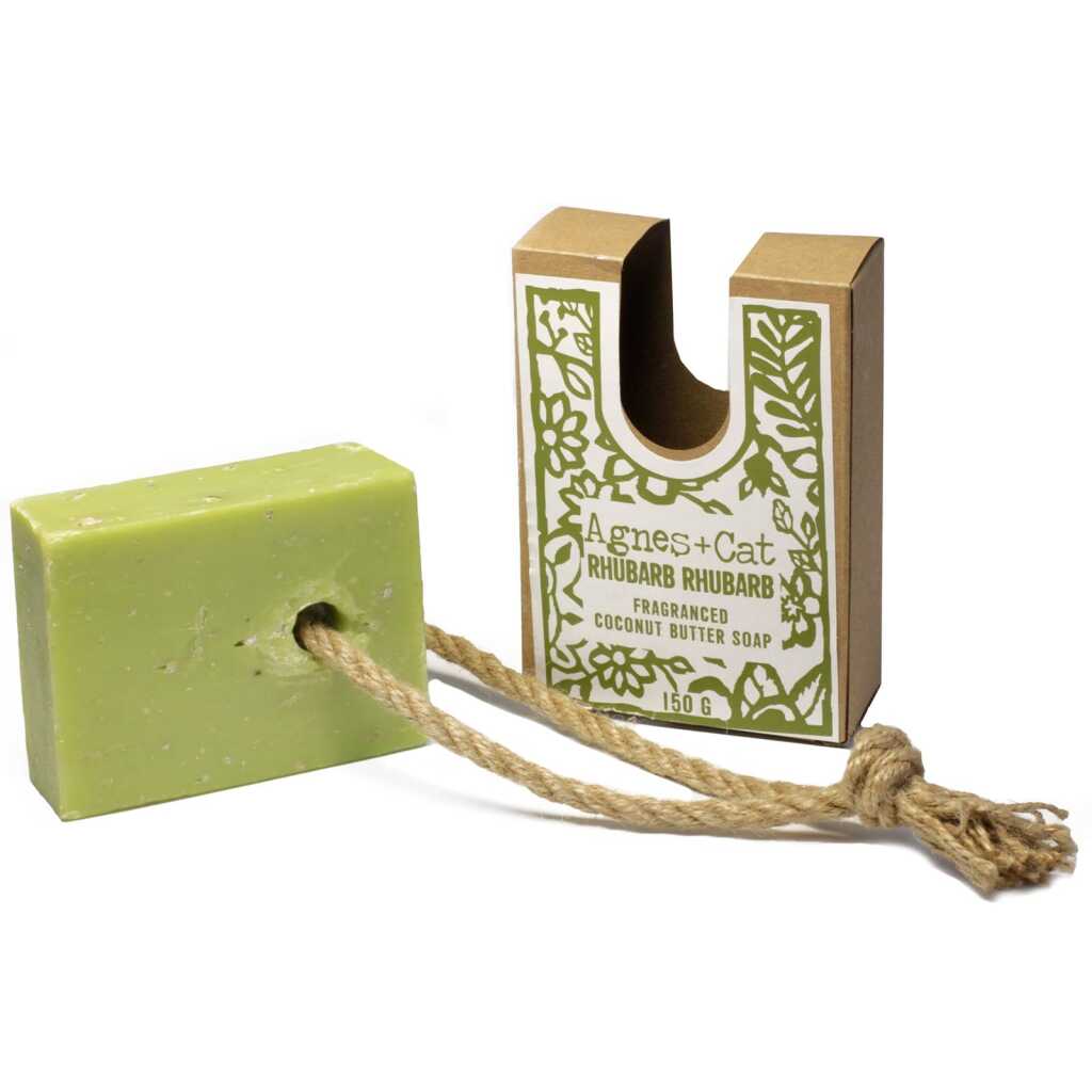 Agnes+Cat soap on a Rope with packaging - RHUBARB RHUBARB