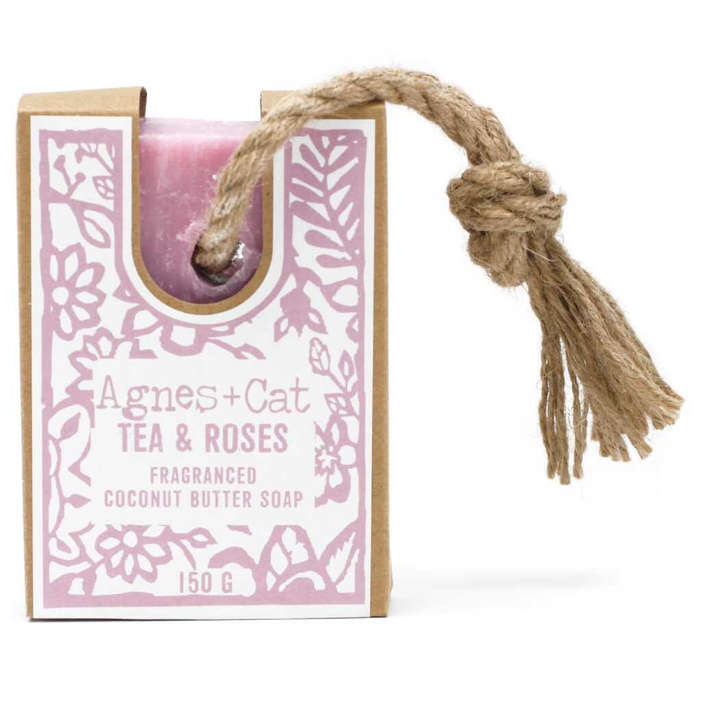 Agnes+Cat soap on a Rope with packaging - Tea and Roses