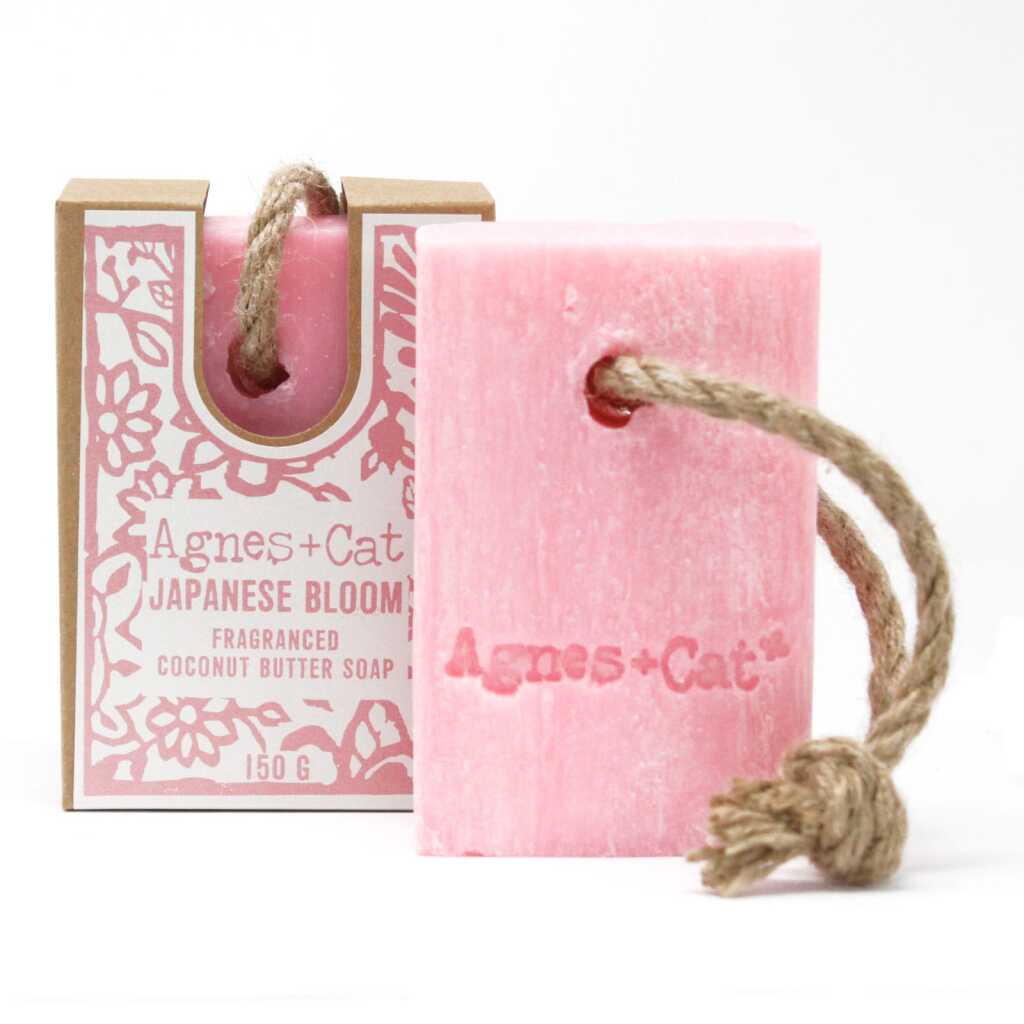 Agnes+Cat soap on a Rope with packaging - Japanese Bloom