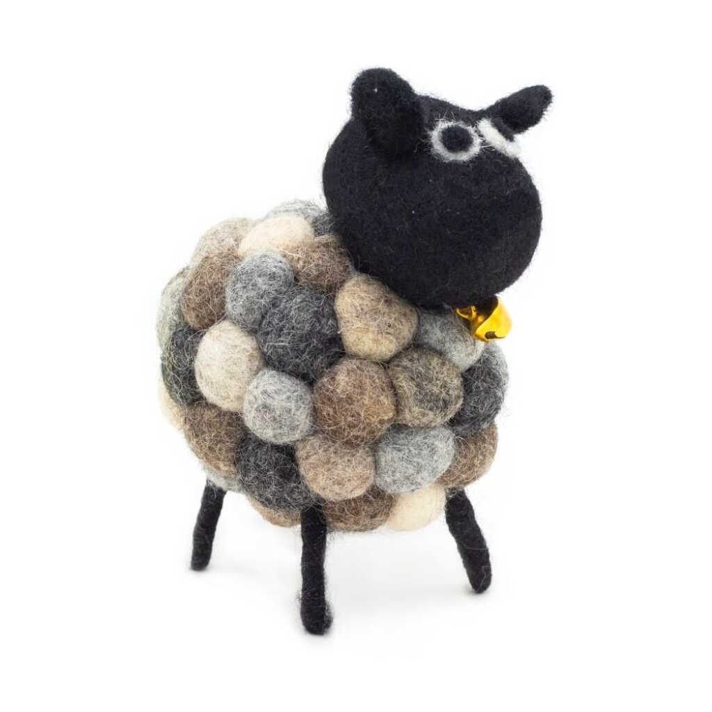 a little felt sheeps in various shades of grey with a black head