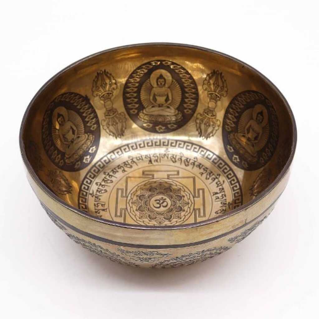 A 21cm Tibetan healing Engraved Singing Bowl - Om and Buddha