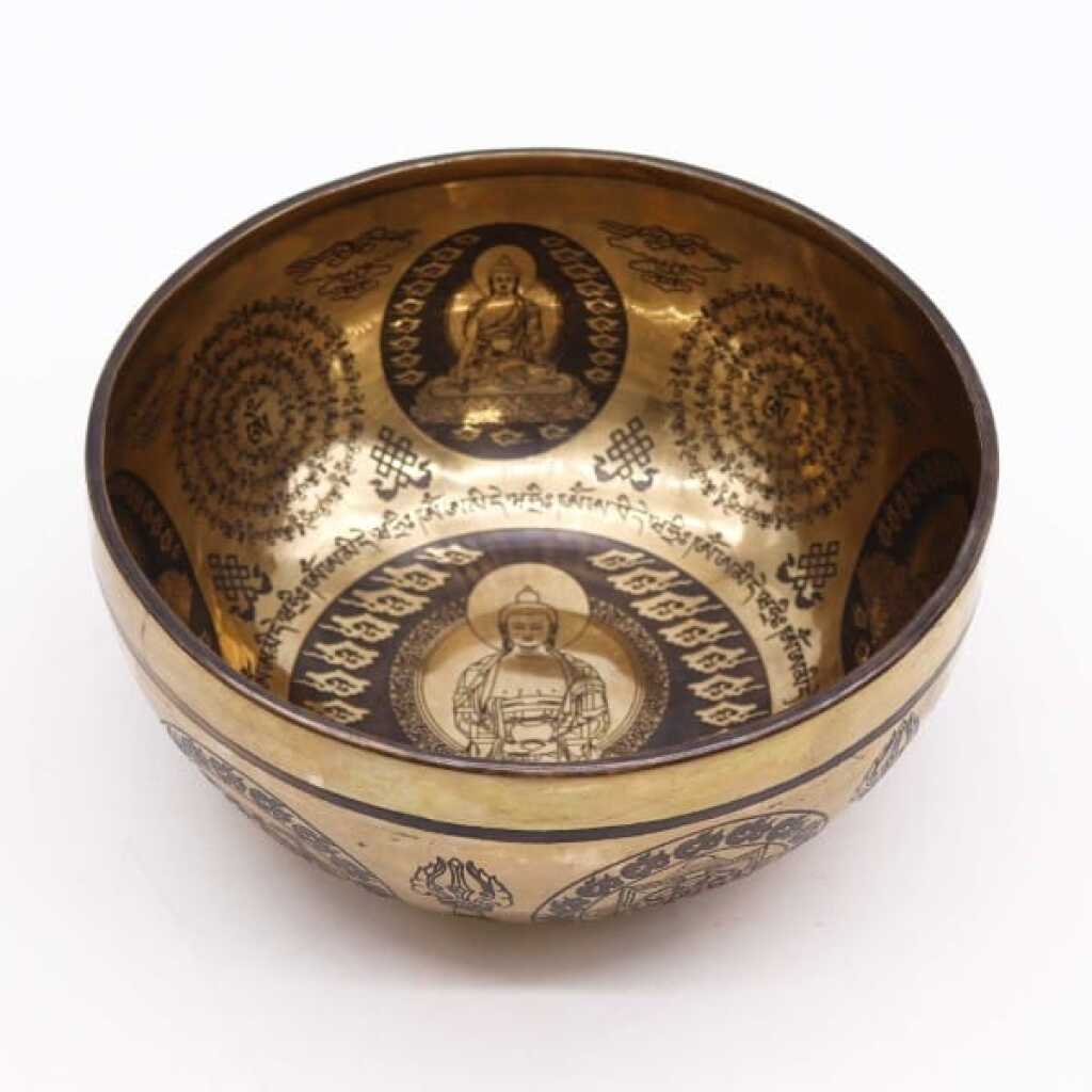 A 21cm Tibetan healing Engraved Singing Bowl - 5 Buddhas