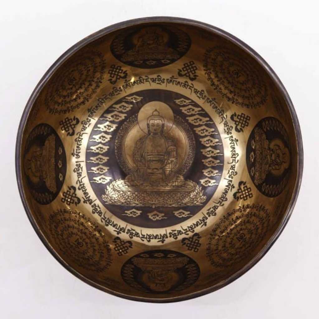 A 21cm Tibetan healing Engraved Singing Bowl - 5 Buddhas