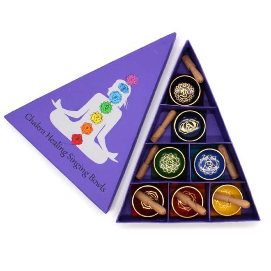 Chakra Pyramid Singing Bowl Gift Set - seven chakra bowls and a box