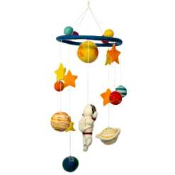 a colourful handmade mobile with planets and an astronaut.