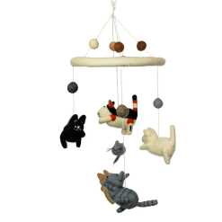 a colourful handmade felt mobile with cats and mice.