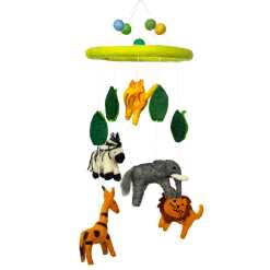 a colourful handmade felt mobile with jungle animals.