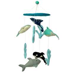 a colourful handmade felt mobile with dolphins and sealife.