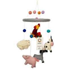 a colourful handmade felt mobile with farm animals.