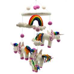 a colourful handmade felt mobile with rainbows and unicorns.