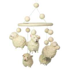 a handmade felt mobile with five fluffy white sheep.