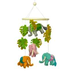 a colourful handmade felt mobile with elephants and palms.