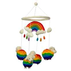a colourful handmade felt mobile with four rainbow sheep and a rainbow.