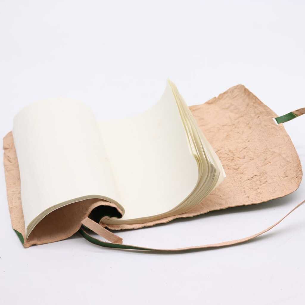 A rolled leather travel notebook, open at page
