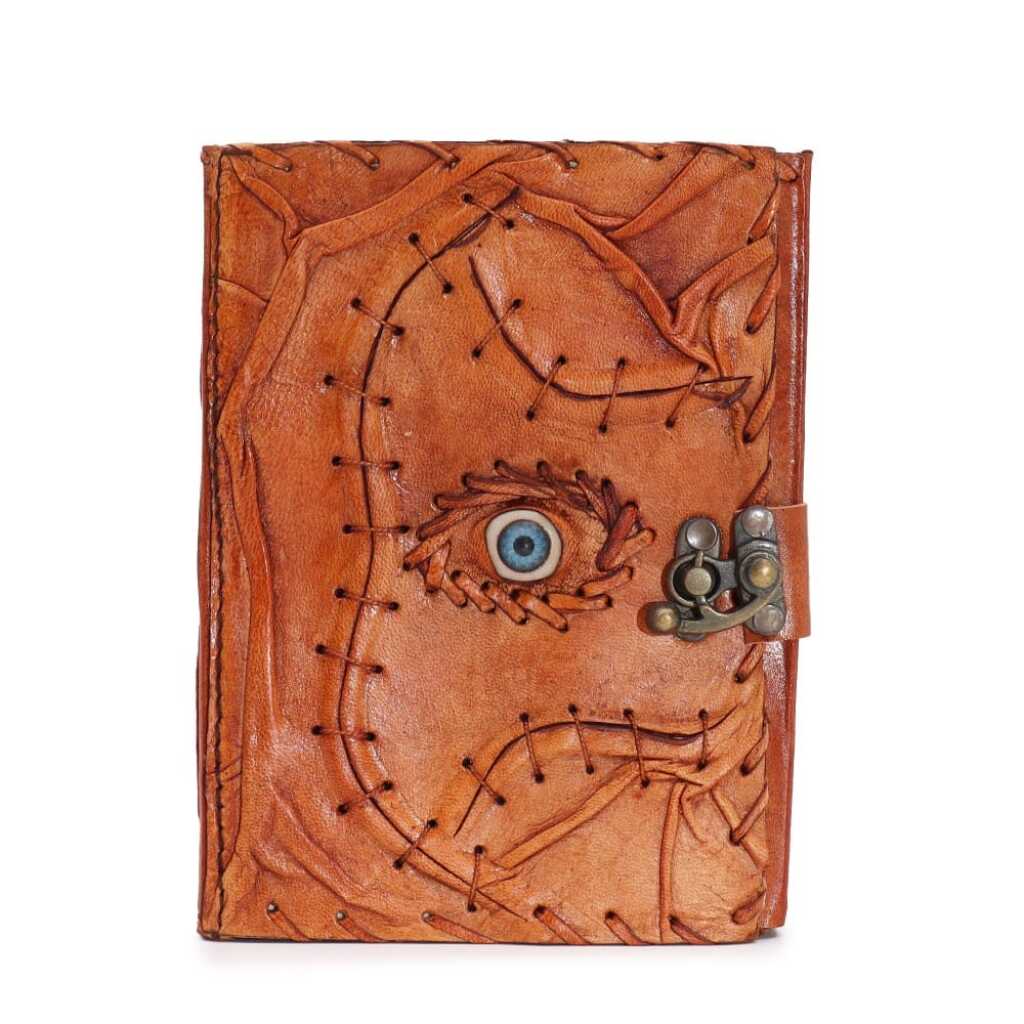 A Light Brown Tan leatherbound Book with Evil Eye Design