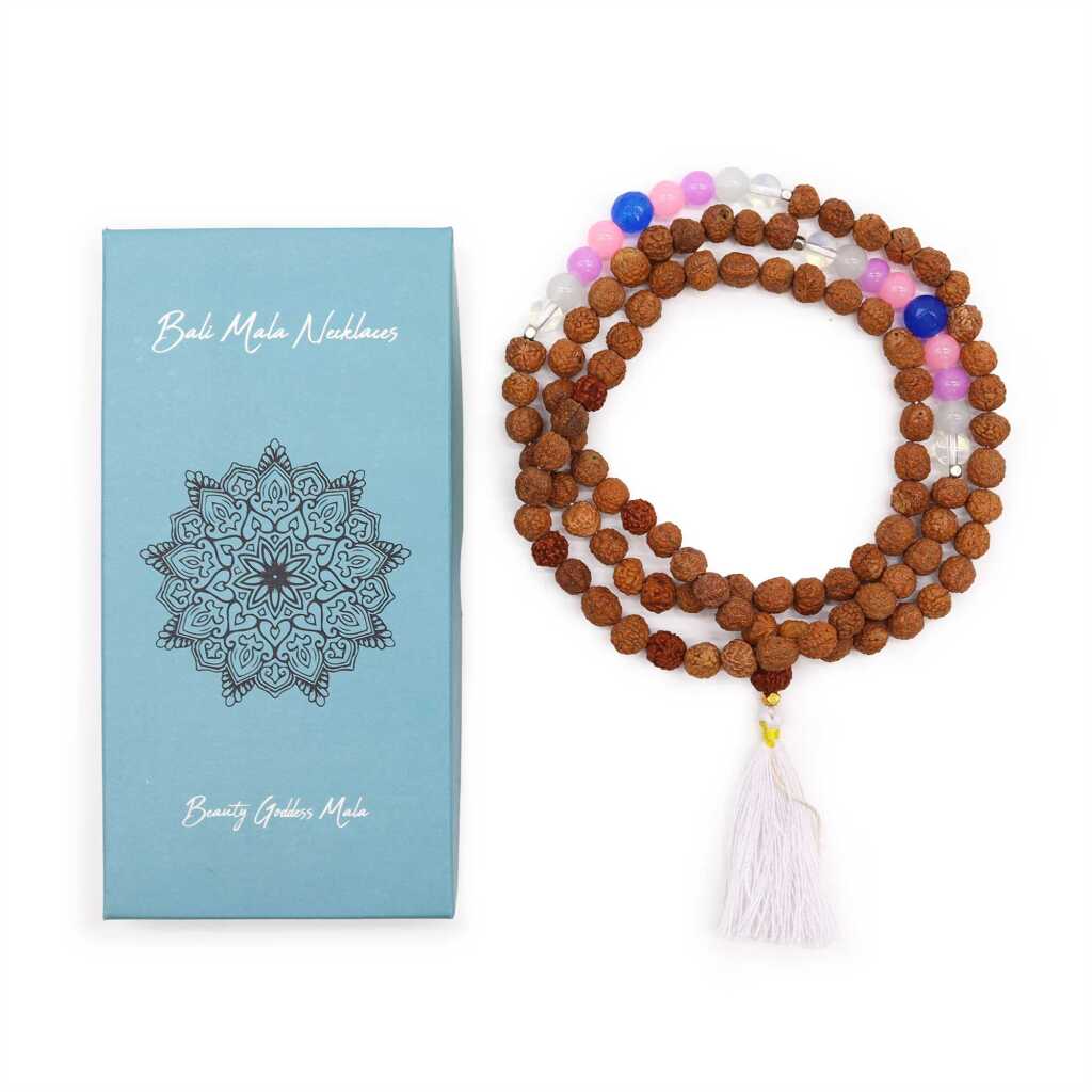 a Bali Mala Necklace with 108 Rudraksha beads and a tassel, with packaging