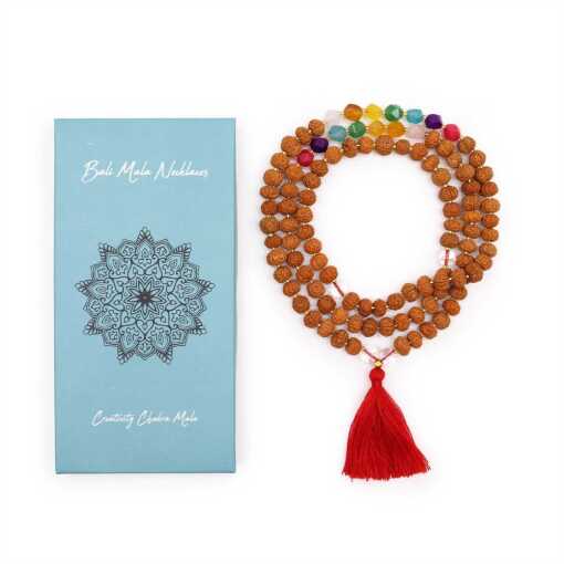 a Bali Mala Necklace with 108 Rudraksha beads and a tassel, with packaging