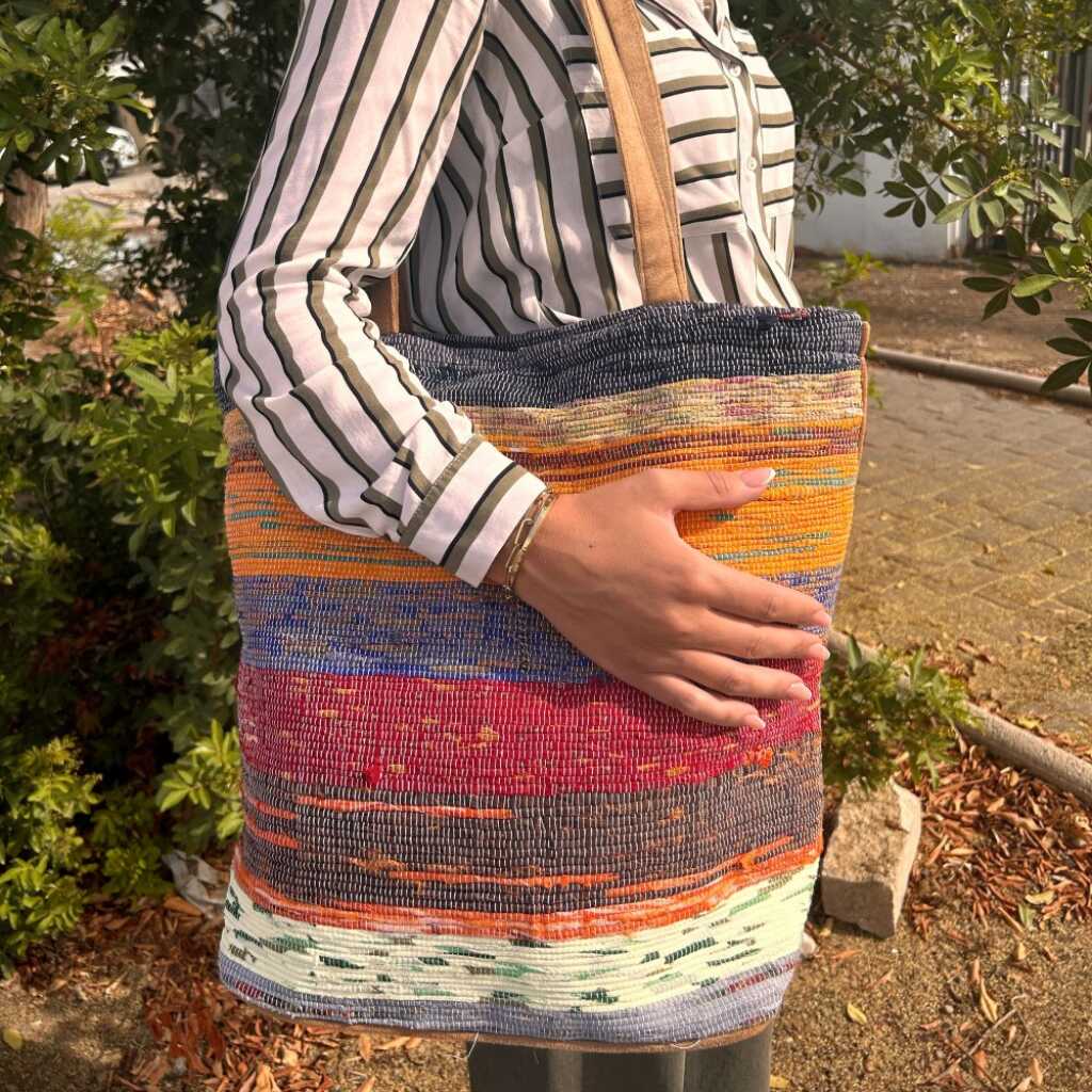 A big bag with stripes made from recycled rugs - Shades of Mushroom