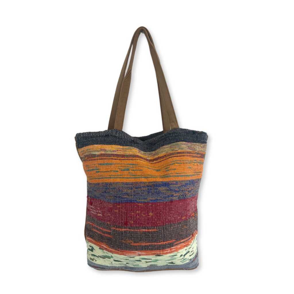 A big bag with stripes made from recycled rugs - Shades of Mushroom
