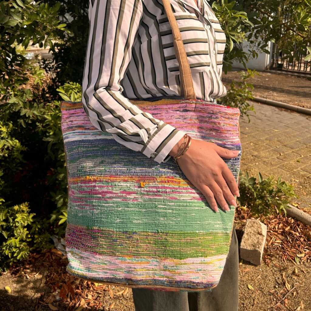 A big bag with stripes made from recycled rugs - Shades of Dusk