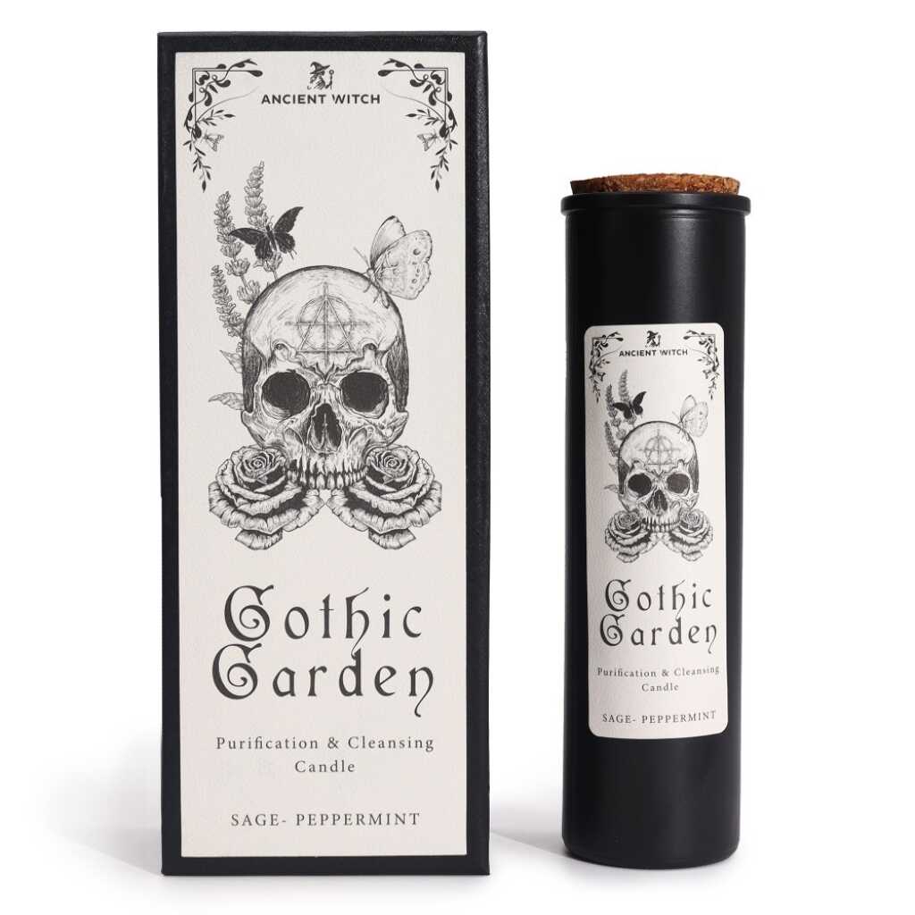 an ancient witch ritual candle with packaging on a white background