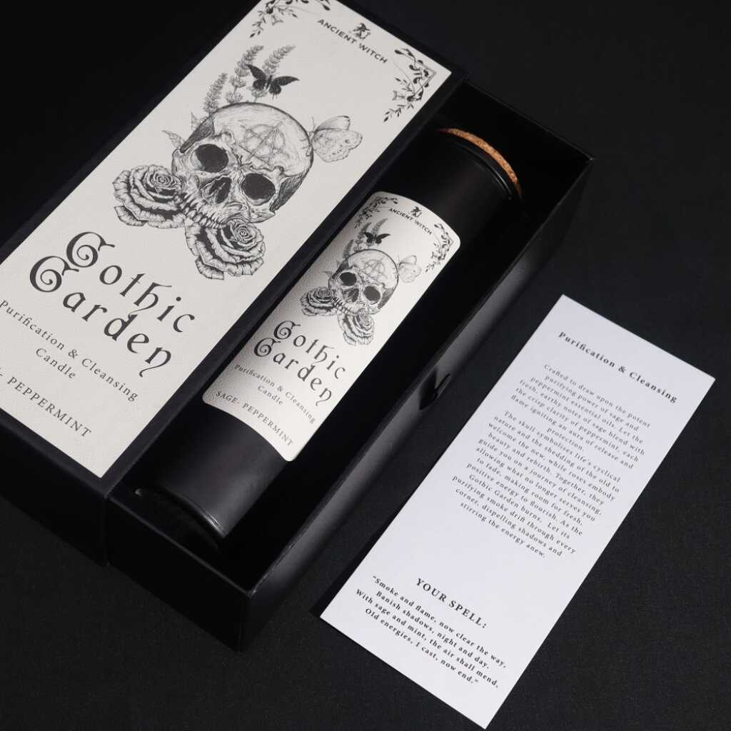 an ancient witch ritual candle with packaging on a dark background